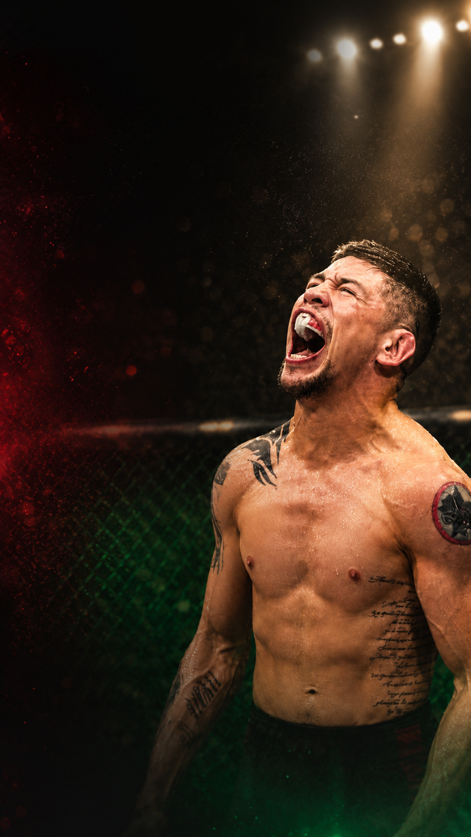 Brandon Moreno screaming in the cage, red and green light