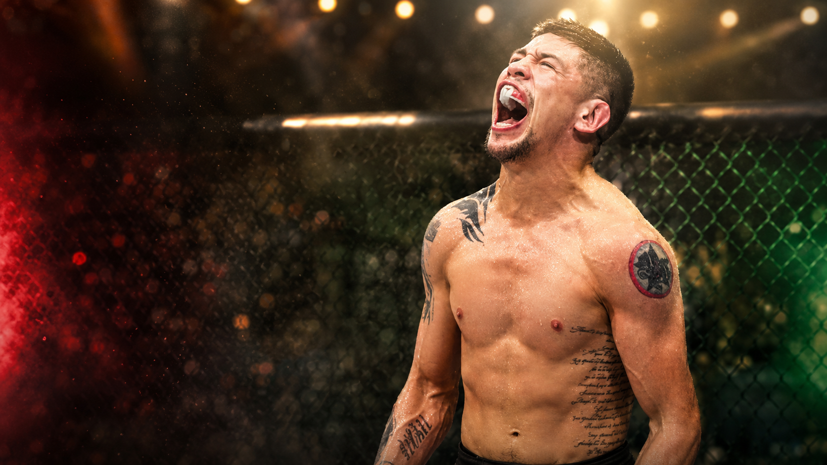 Brandon Moreno screaming in the cage, red and green light